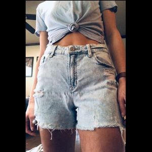 High waisted light wash denim shorts